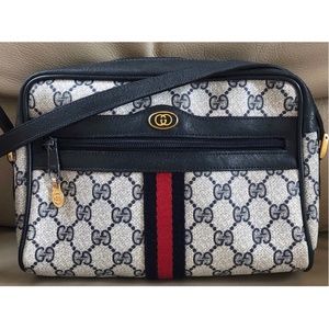 Authentic Vintage Gucci Web Ophidia Monogram Canvas Navy Leather Crossbody Bag